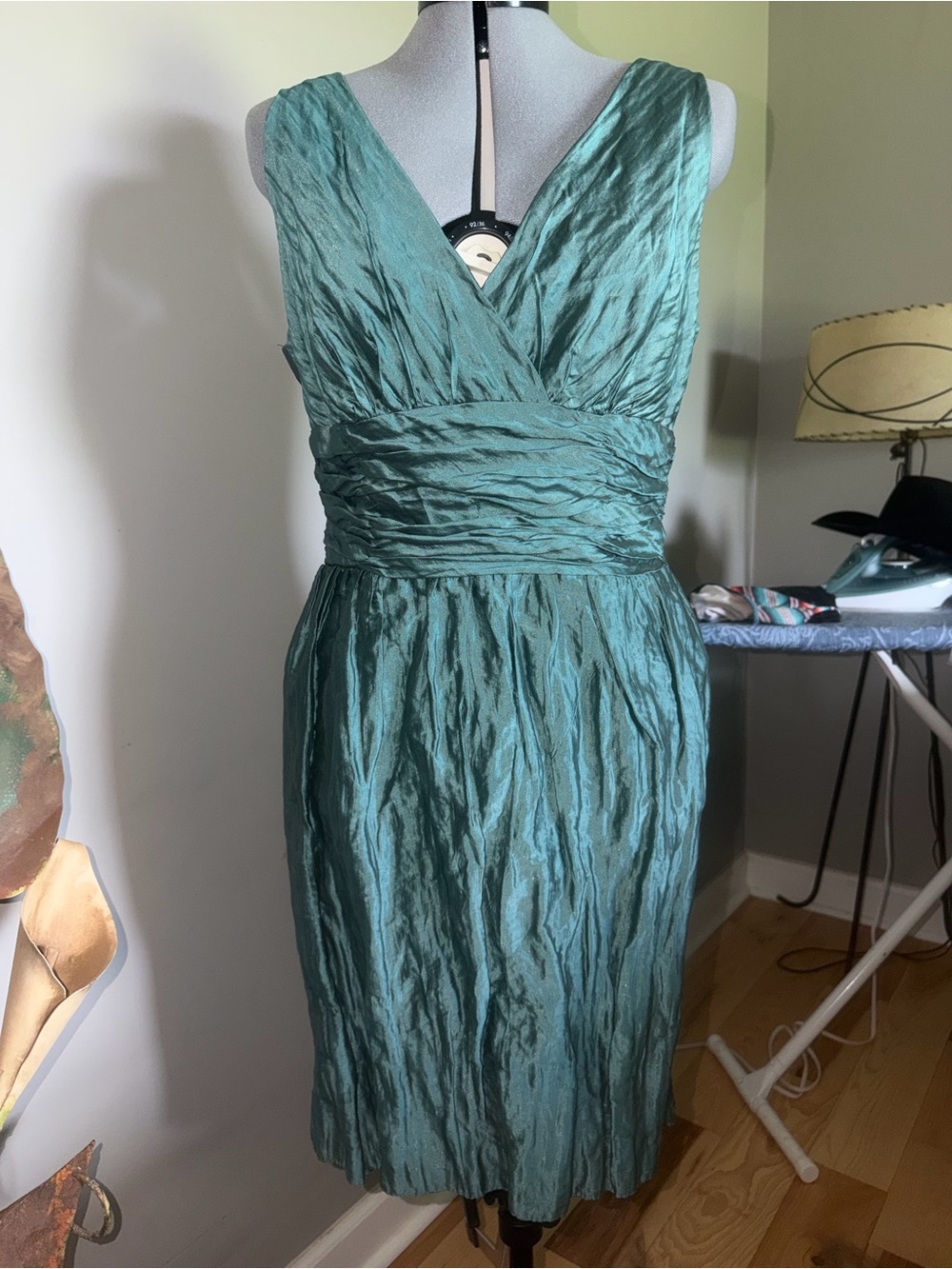 Kay Unger Teal Crinkle V-Neck Cocktail Dress